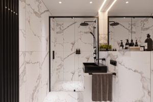 vizualizace koupelny bytu A7.6 - bílá varianta